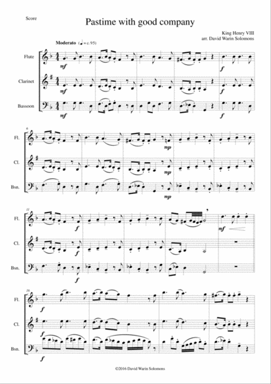 Pastime with good company for wind trio (flute, clarinet, bassoon) Woodwind Trio scores gallery preview page 1