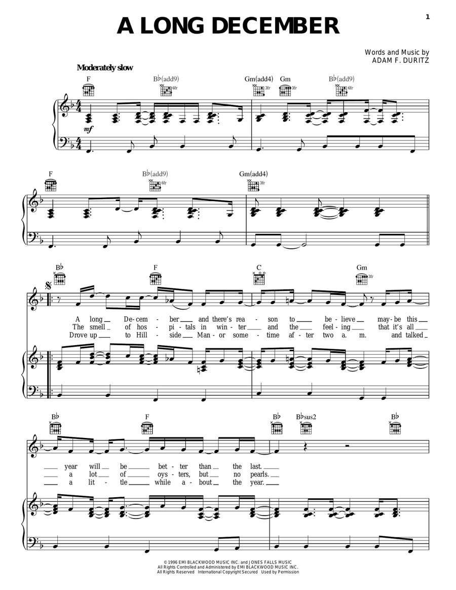 A Long December Piano, Vocal, Guitar scores gallery preview page 1
