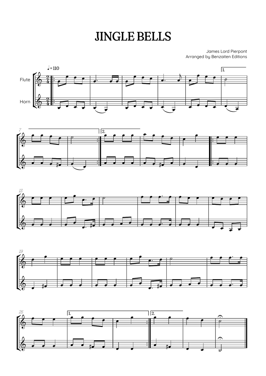 Jingle Bells • Christmas Song | flute & french horn duet sheet music Woodwind Duet scores gallery preview page 1
