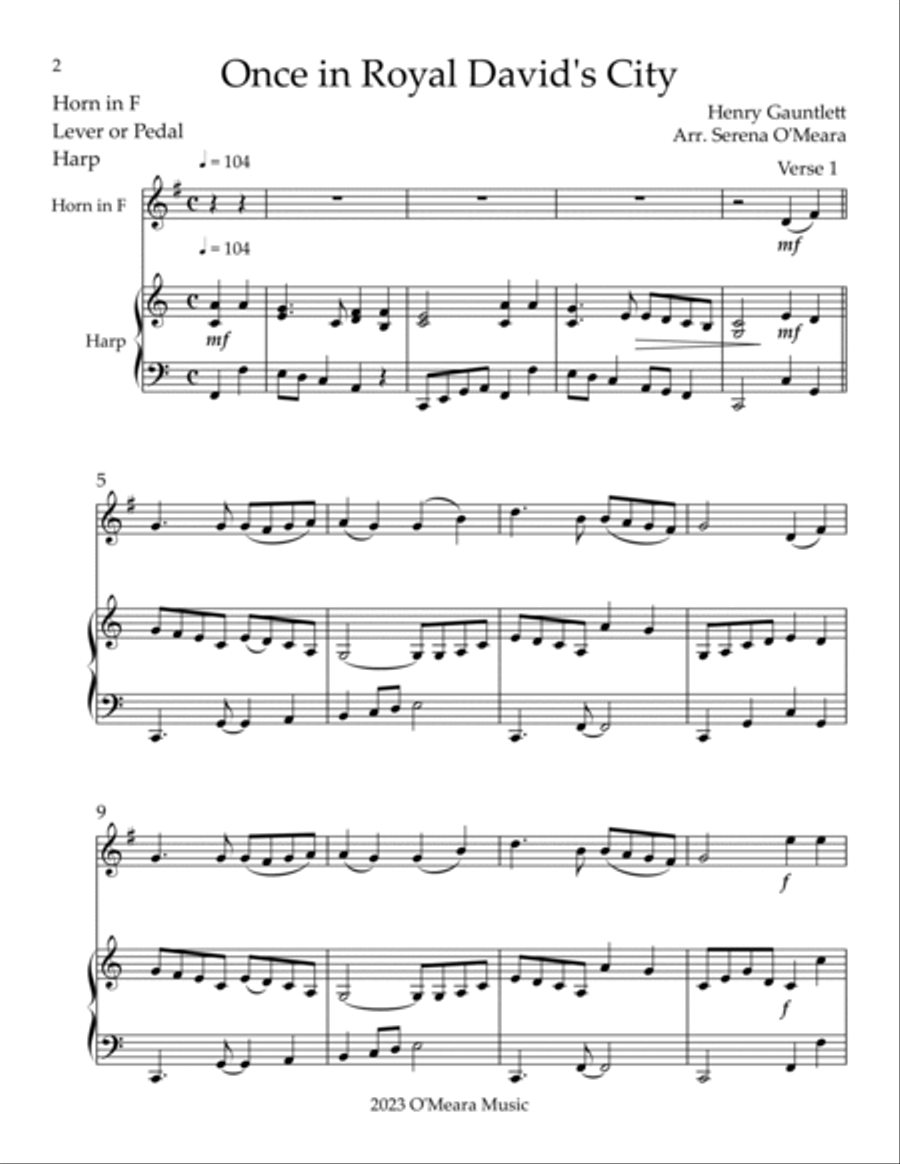 Once in Royal David’s City, Duet for Horn in F & Harp Harp scores gallery preview page 2