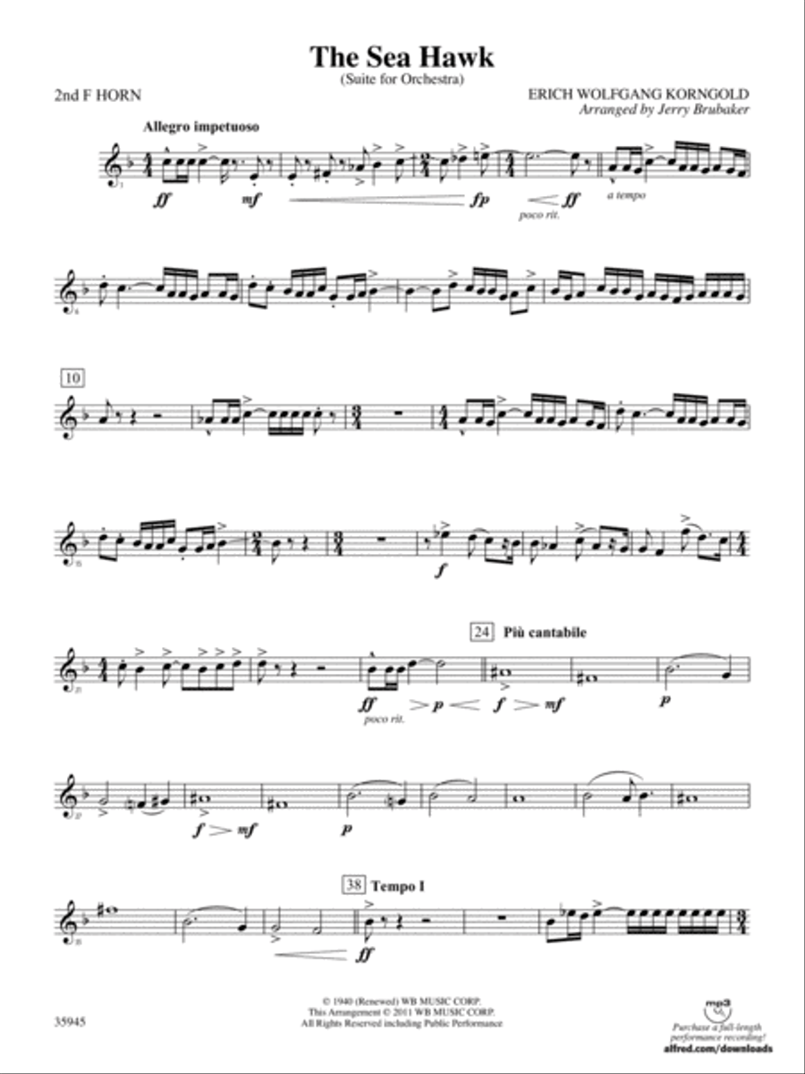 The Sea Hawk: 2nd F Horn The Sea Hawk: 2nd F Horn Full Orchestra scores gallery preview page 1