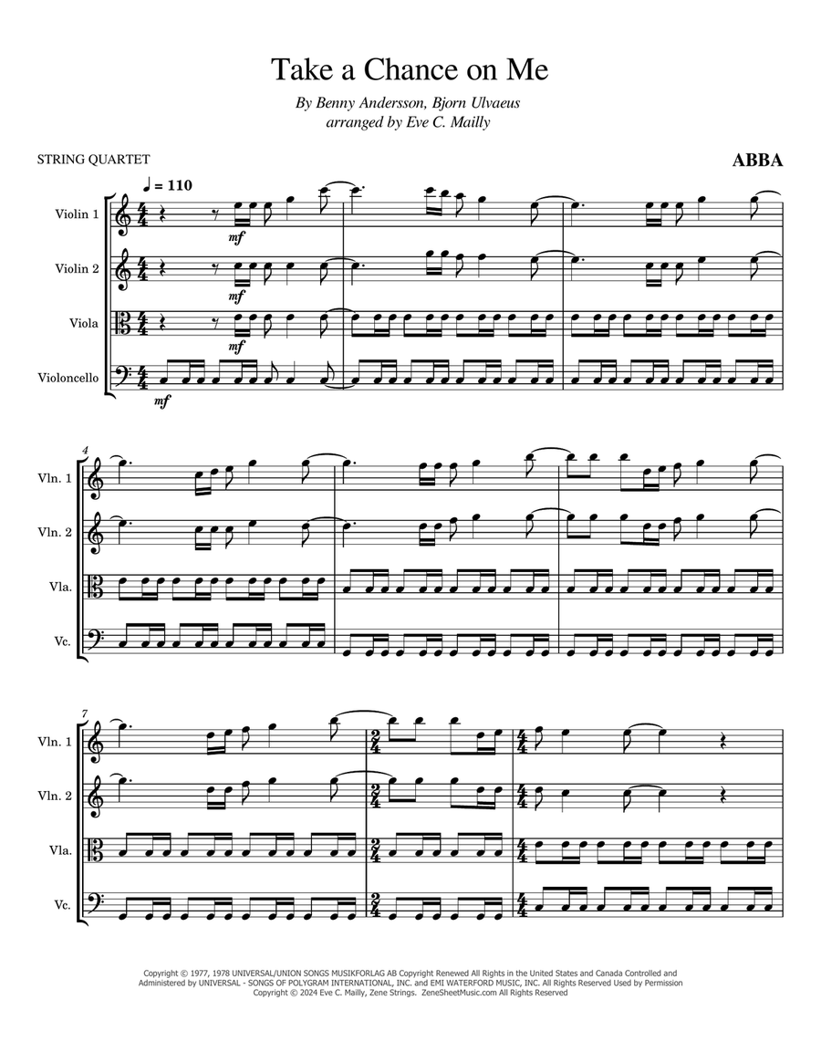 Take A Chance On Me String Quartet scores gallery preview page 1