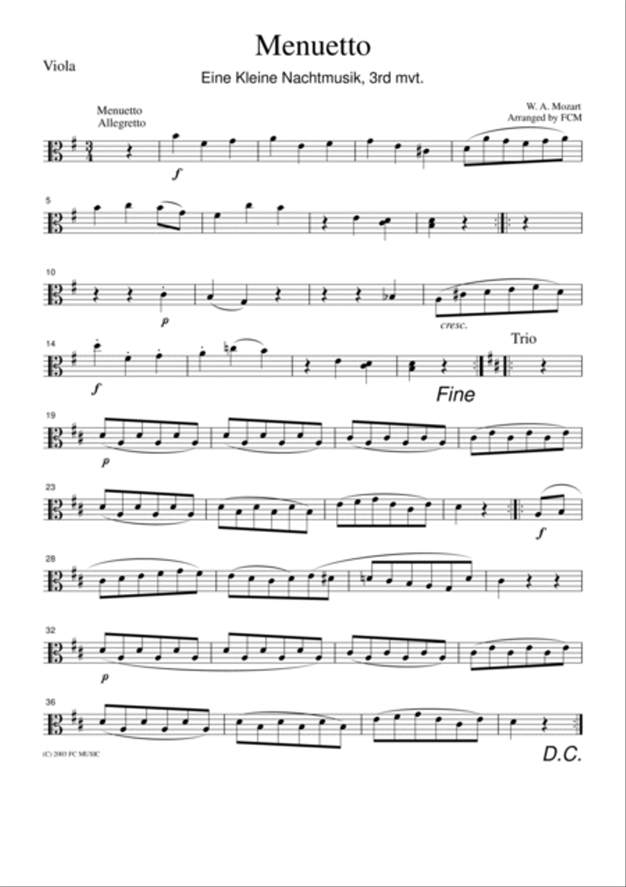 Mozart Menuetto (Eine kleine Nachtmusik, 3rd mvt.), for string quartet, CM007 String Quartet scores gallery preview page 3