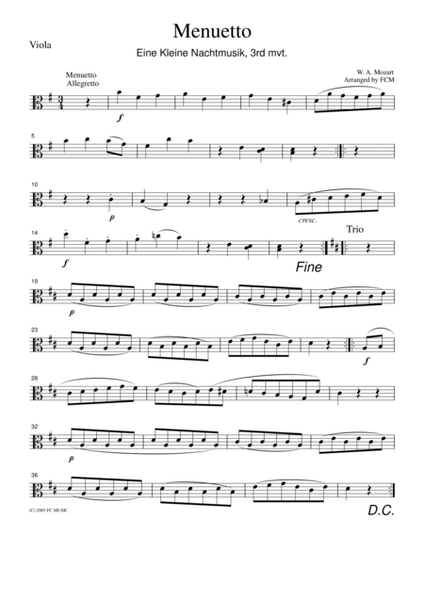 Mozart Menuetto (Eine kleine Nachtmusik, 3rd mvt.), for string quartet, CM007 image number null