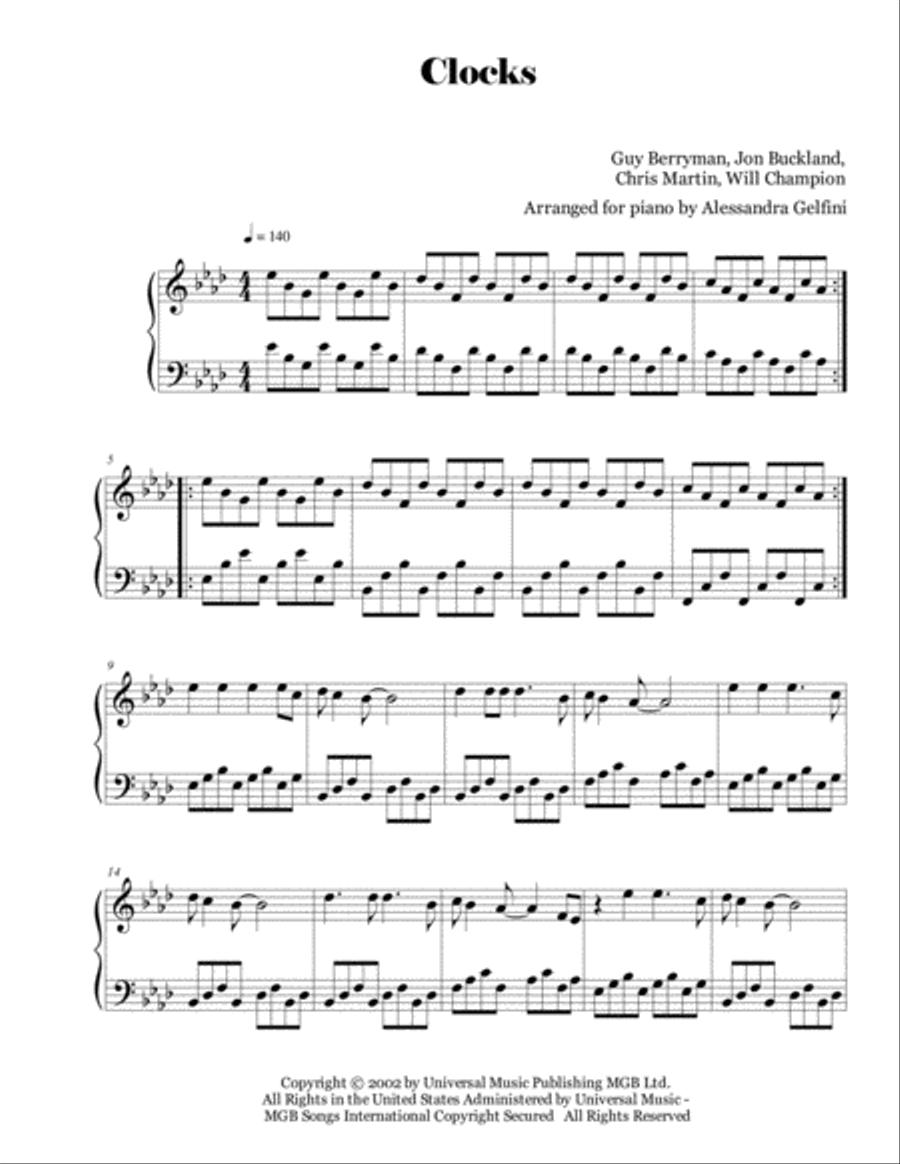 Clocks Clocks Piano Solo scores gallery preview page 1