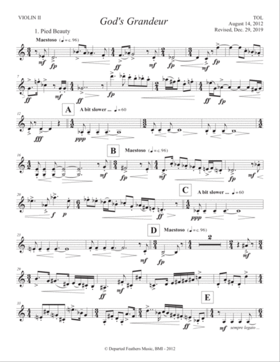 God's Grandeur (2012, rev. 2019) violin 2 part Small Ensemble scores gallery preview page 1