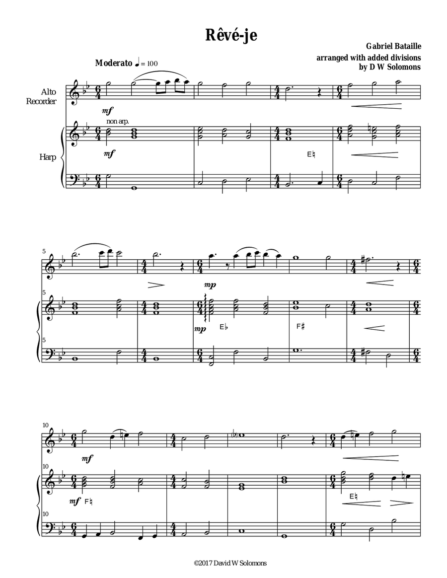 Rêvé-je (Am I dreaming) for alto recorder and harp Alto Recorder scores gallery preview page 1