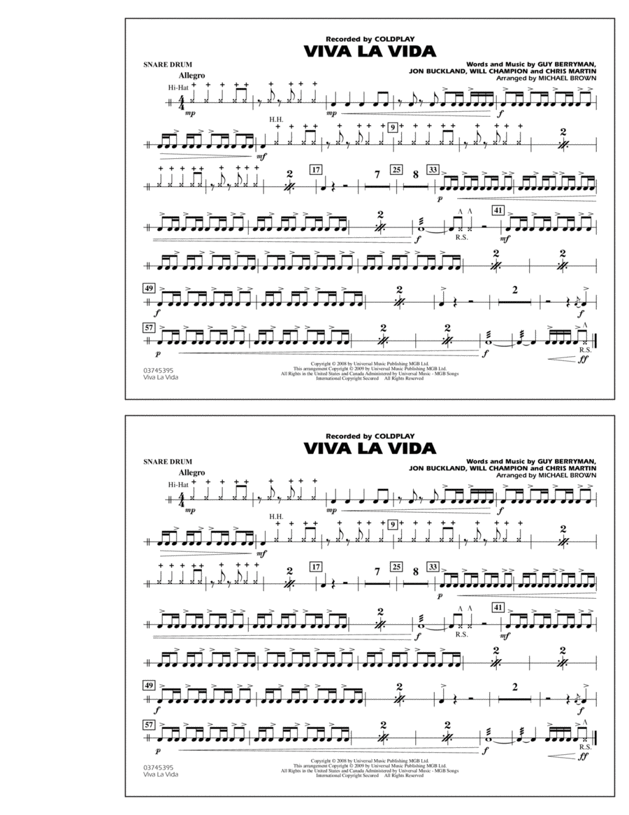 Viva La Vida - Snare Drum Marching Band scores gallery preview page 1