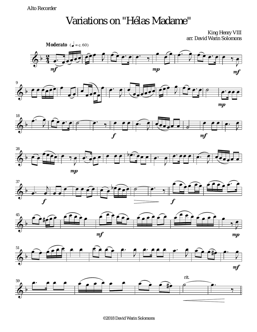 Variations for recorder quartet on 