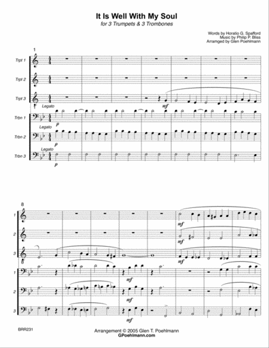 IT IS WELL WITH MY SOUL - 3 TRUMPETS and 3 TROMBONES (unaccompanied) Brass Ensemble scores gallery preview page 1
