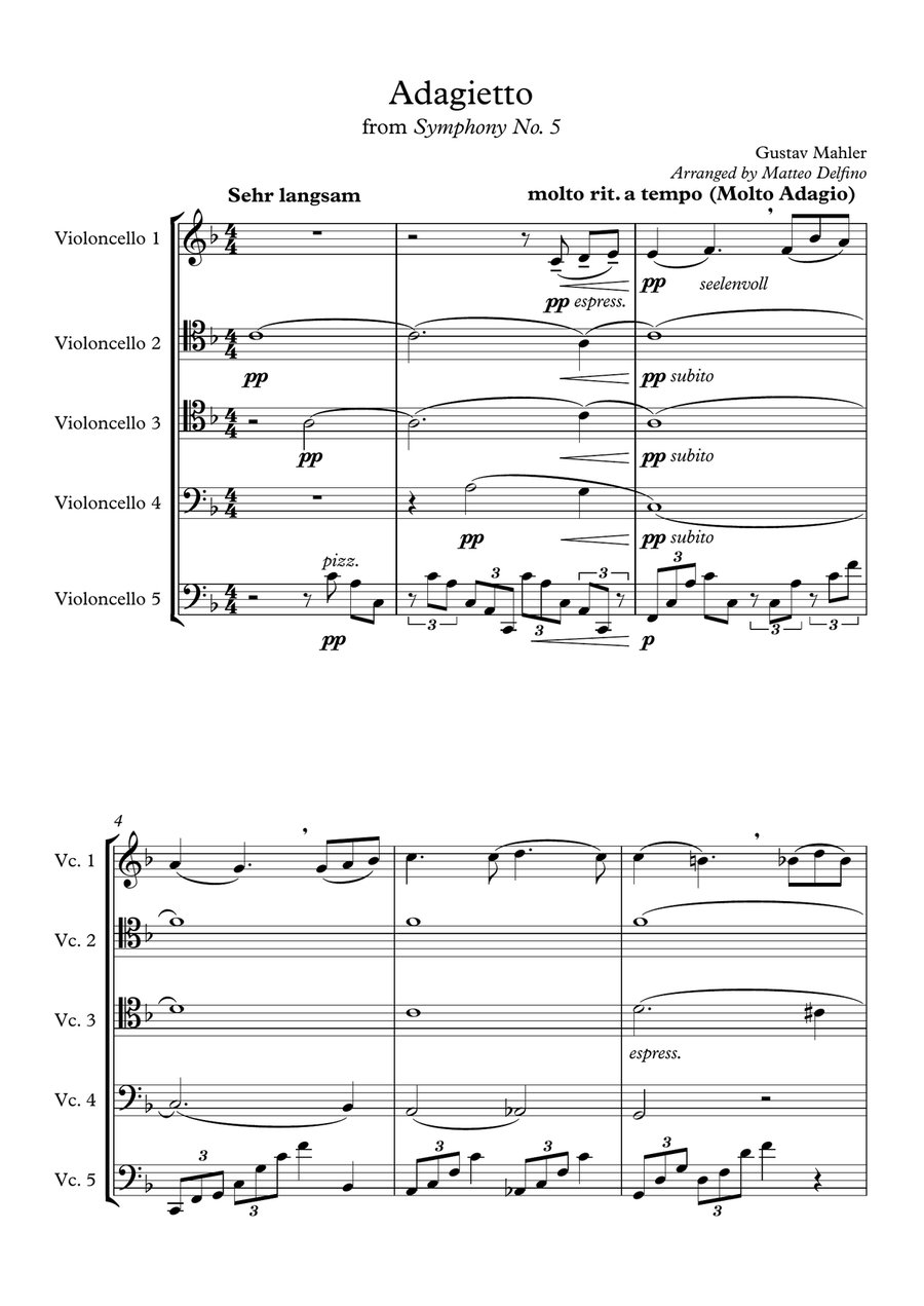 Adagietto (from Symphony No. 5) [for Cello Quintet/Ensemble] Cello Solo scores gallery preview page 2
