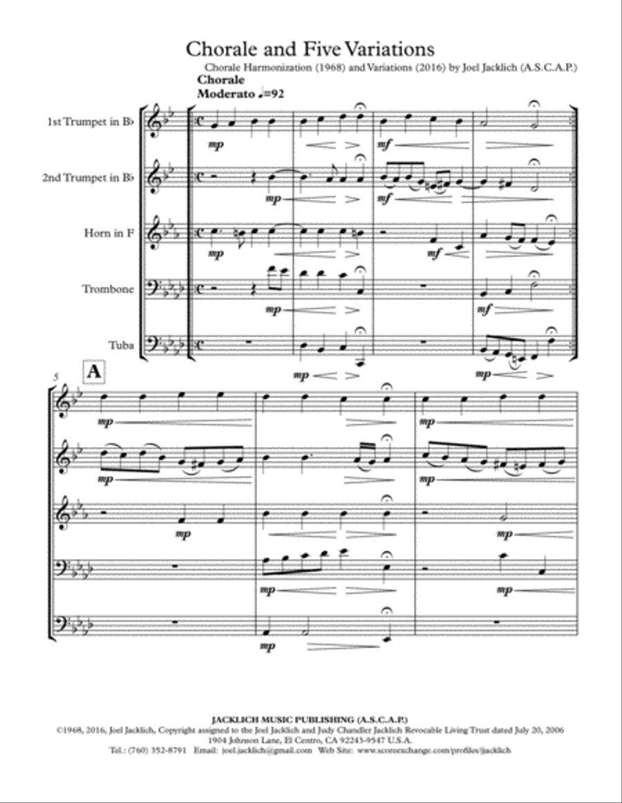 Chorale and Five Variations for Brass Quintet Brass Quintet scores gallery preview page 1
