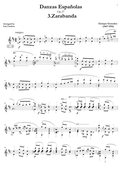 Guitar arrangement of the "Spanish dance No.3" (Danza Española n°3 "Zarabanda")