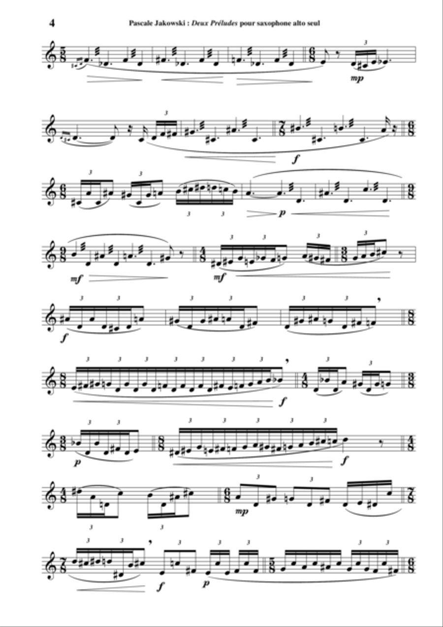 Pascale Jakubowski: Deux Préludes for solo saxophone Woodwind Quartet scores gallery preview page 4