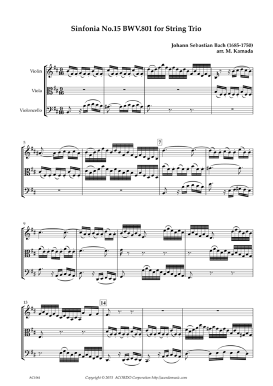 Sinfonia No.15 BWV.801 for String Trio String Trio scores gallery preview page 1