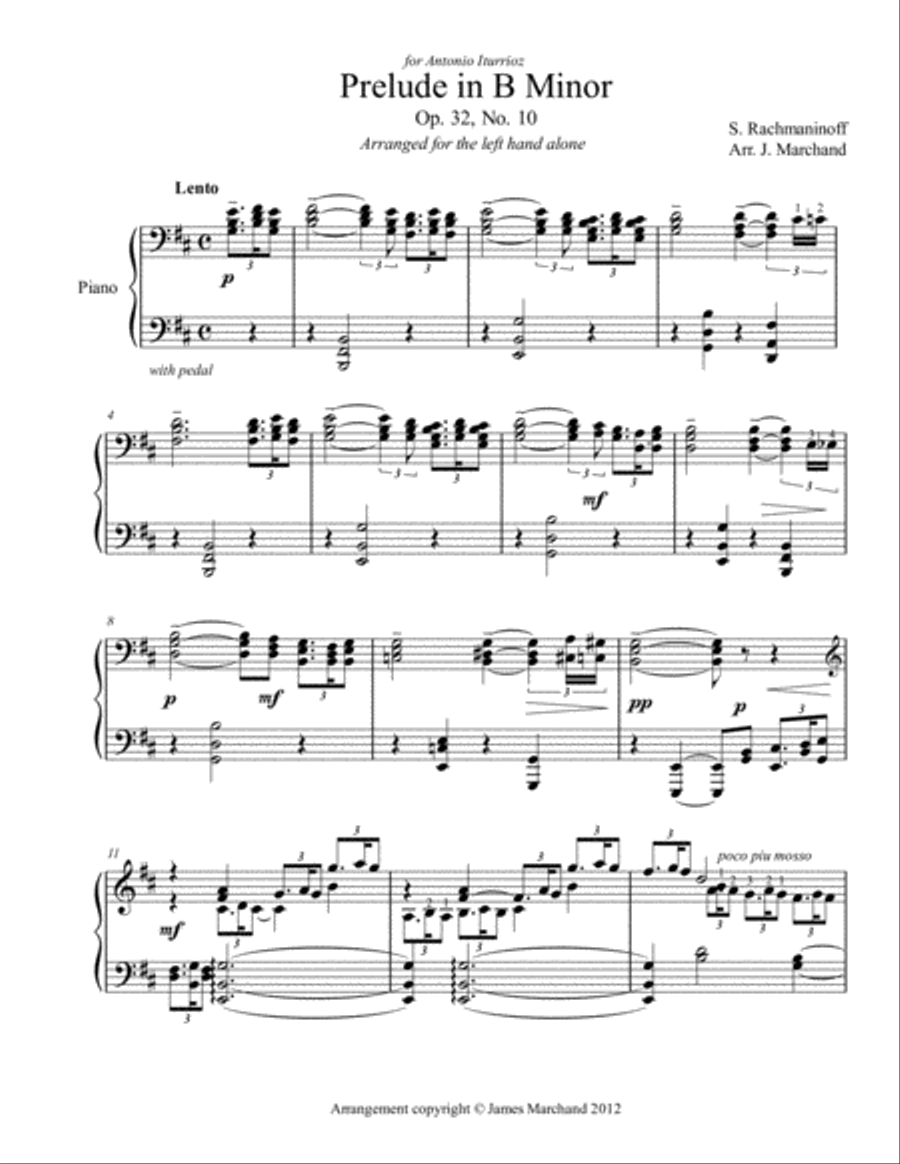 Rachmaninoff Prelude in B Minor, arr. for the left hand alone Piano Method scores gallery preview page 1