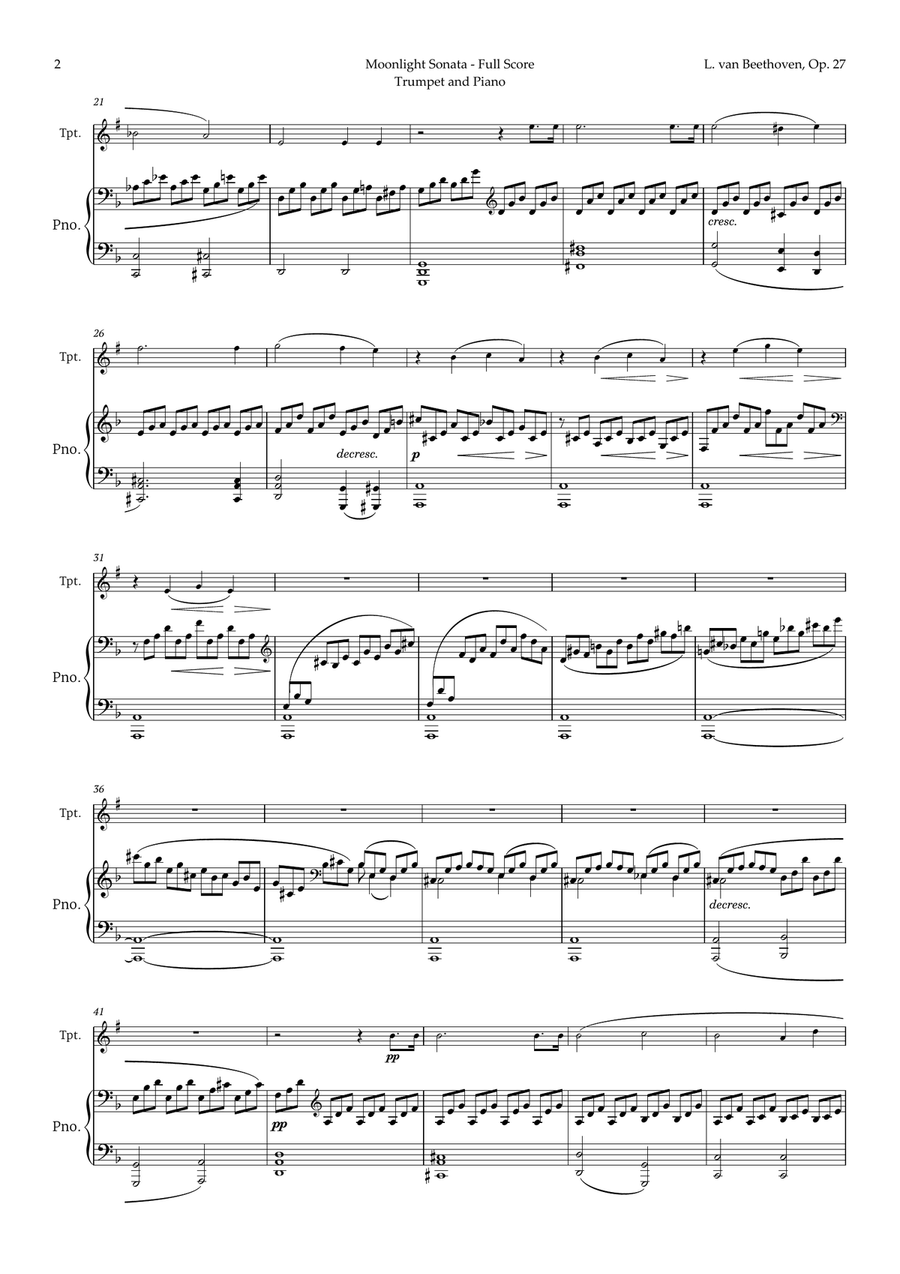 Moonlight Sonata by Beethoven for Trumpet and Piano B-Flat Trumpet scores gallery preview page 2