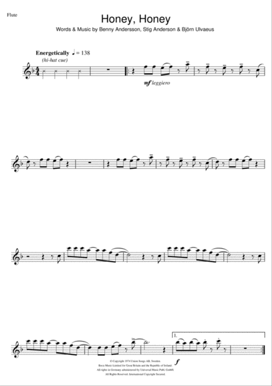 Honey, Honey Honey, Honey Flute Solo scores gallery preview page 1