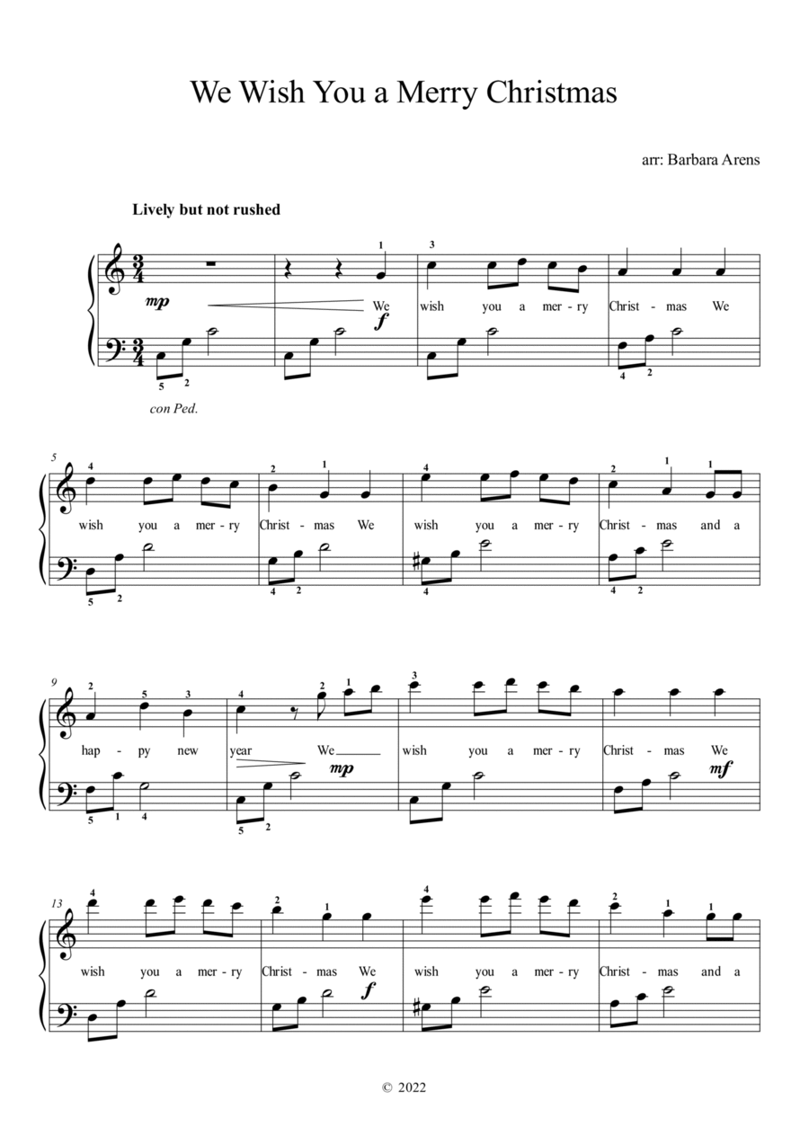 We Wish You a Merry Christmas C major with lyrics and fingerings Piano Solo scores gallery preview page 1