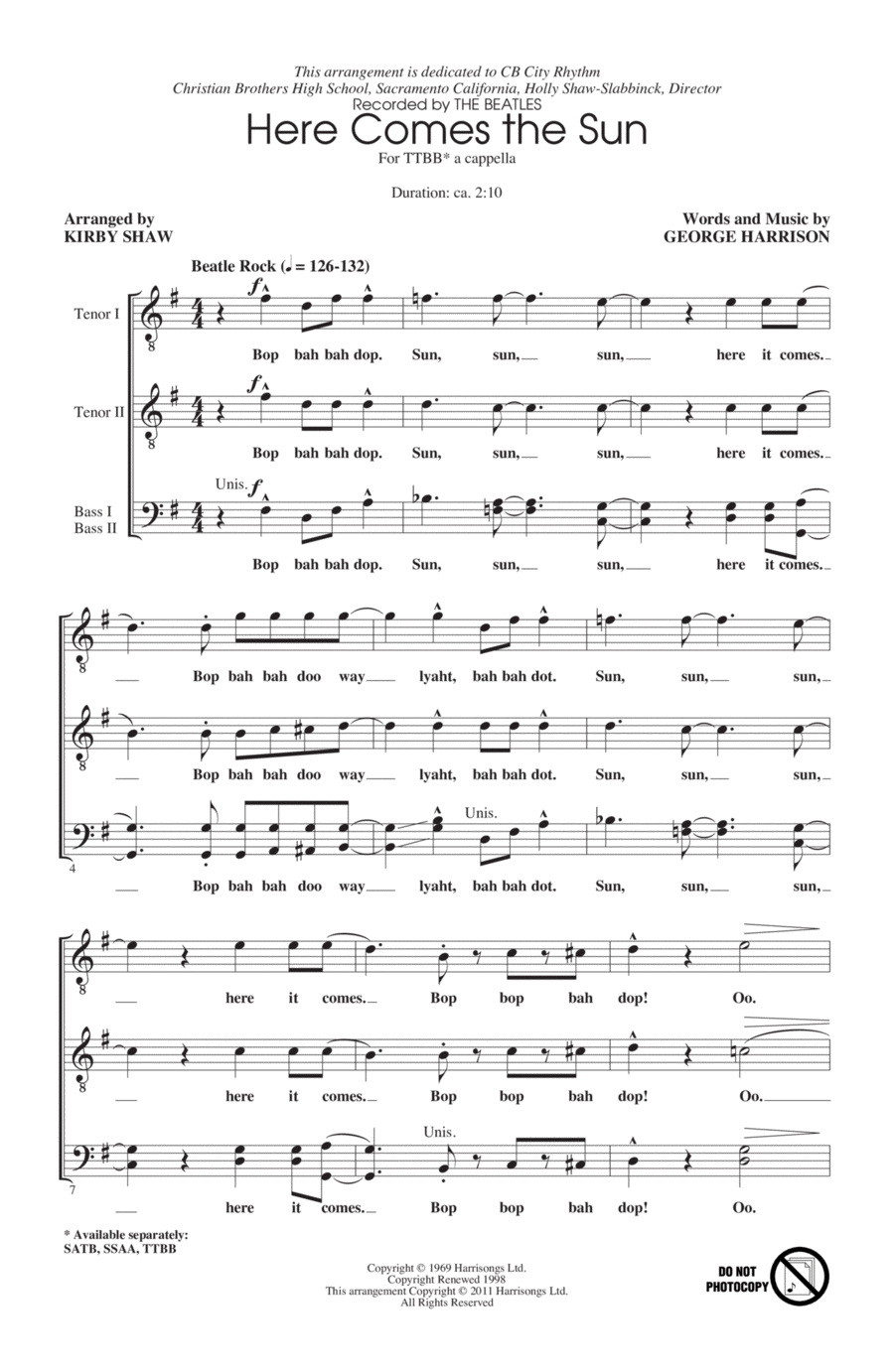 Here Comes The Sun (arr. Kirby Shaw) TTBB scores gallery preview page 1