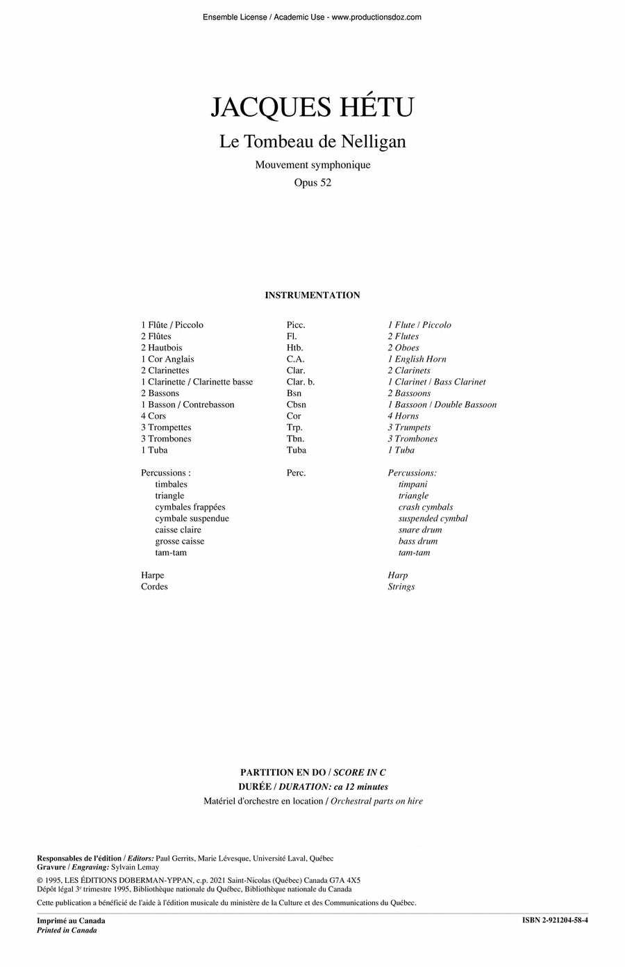 Le Tombeau de Nelligan op. 52 Orchestra scores gallery preview page 1
