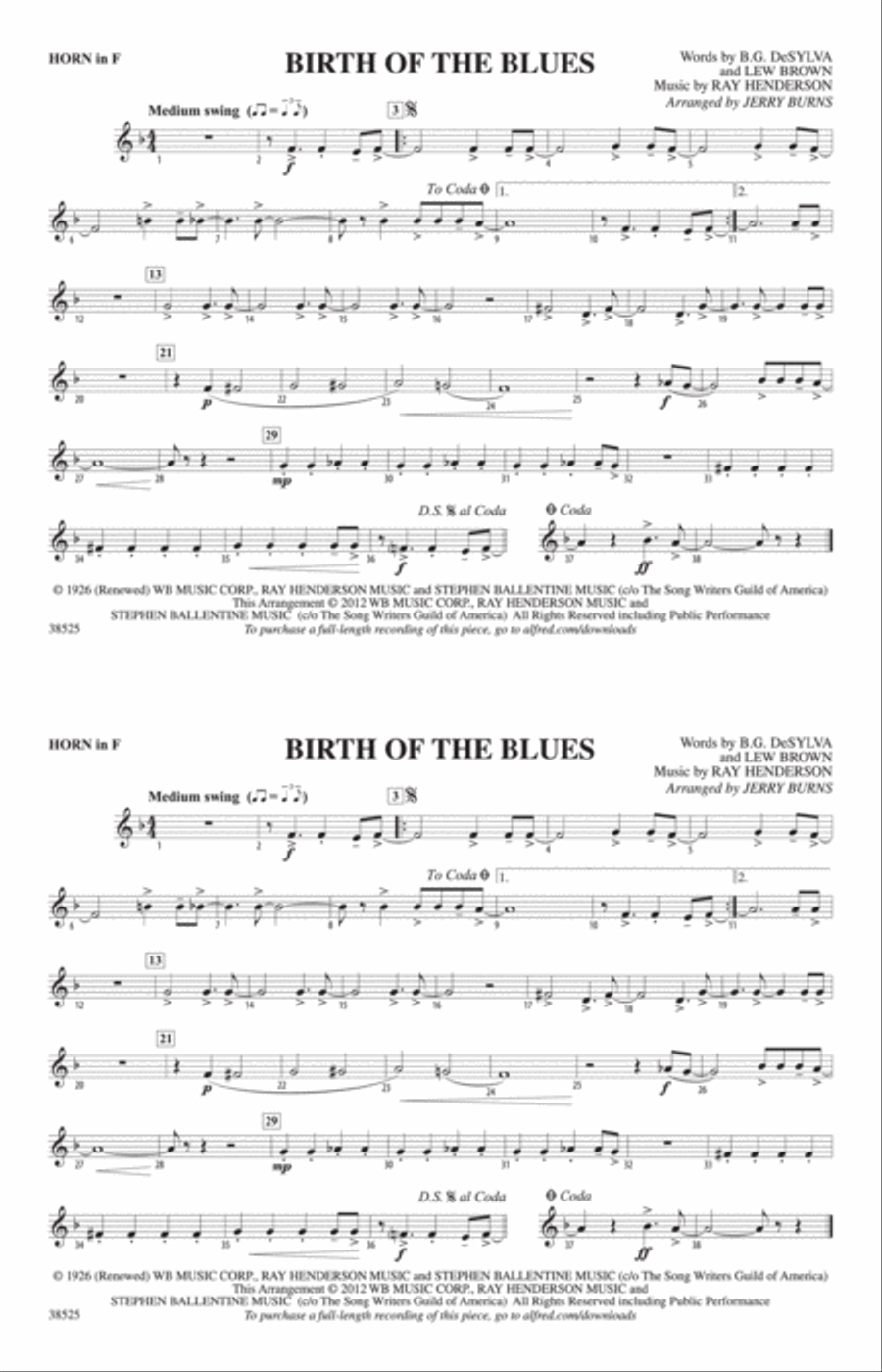 Birth of the Blues: 1st F Horn Marching Band scores gallery preview page 1