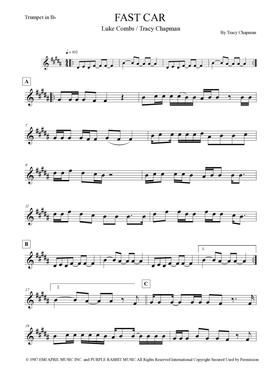 Fast Car B-Flat Trumpet scores gallery preview page 1