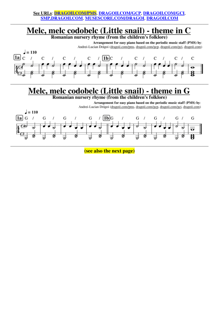 Anonymous - Melc, melc codobelc (Little snail) - theme & variations (GCP-PMS) Piano Method scores gallery preview page 1