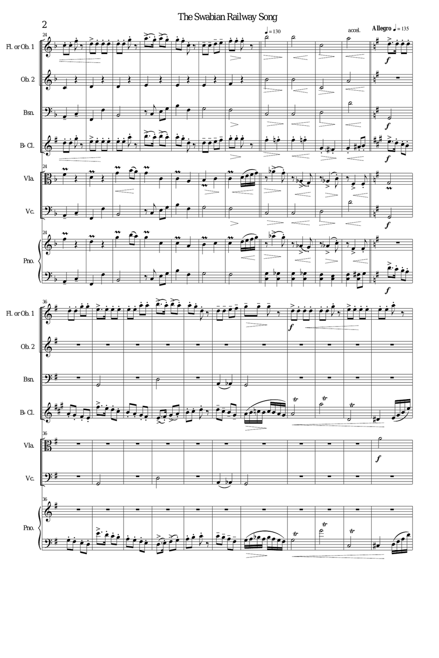 Railway Song (Auf de schwäb'sche Eisebahne) flute, oboe, clarinet, bassoon, viola, cello, piano Large Ensemble scores gallery preview page 2