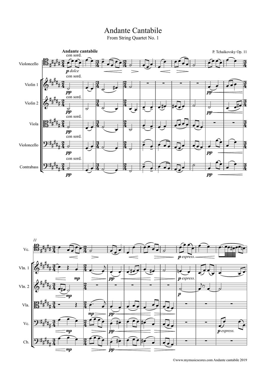 Tchaikovsky Andante Cantabile for Cello and Orchestra String Orchestra scores gallery preview page 2
