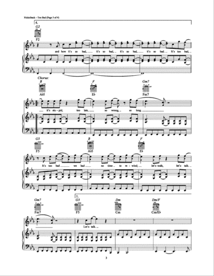 Too Bad Piano, Vocal, Guitar scores gallery preview page 3