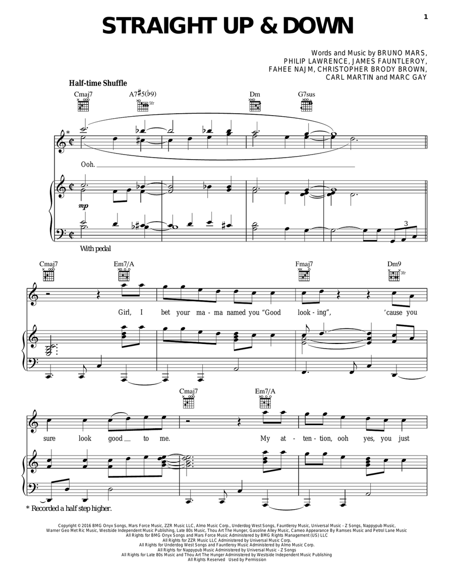 Straight Up Down by Bruno Mars Piano Vocal Guitar Digital Sheet Music Sheet Music Plus