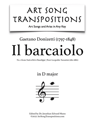 Book cover for DONIZETTI: Il barcaiolo (transposed to D major)