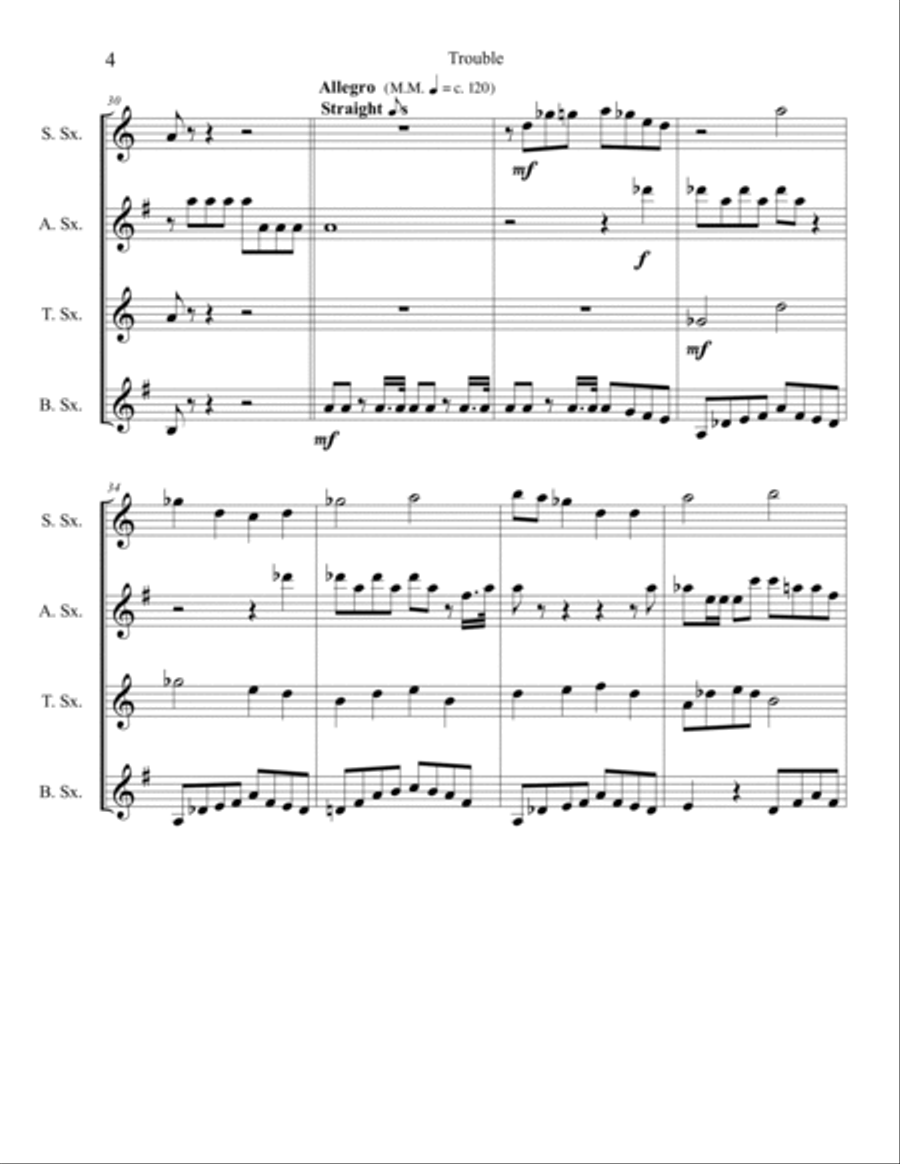 Trouble Saxophone Quartet scores gallery preview page 4