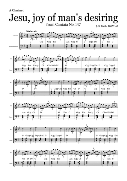JESU, JOY OF MAN'S DESIRING by Bach - easy version for A Clarinet and piano with chords image number null