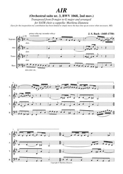 AIR, by J. S. Bach, BWV 1068 for SATB choir a cappella image number null