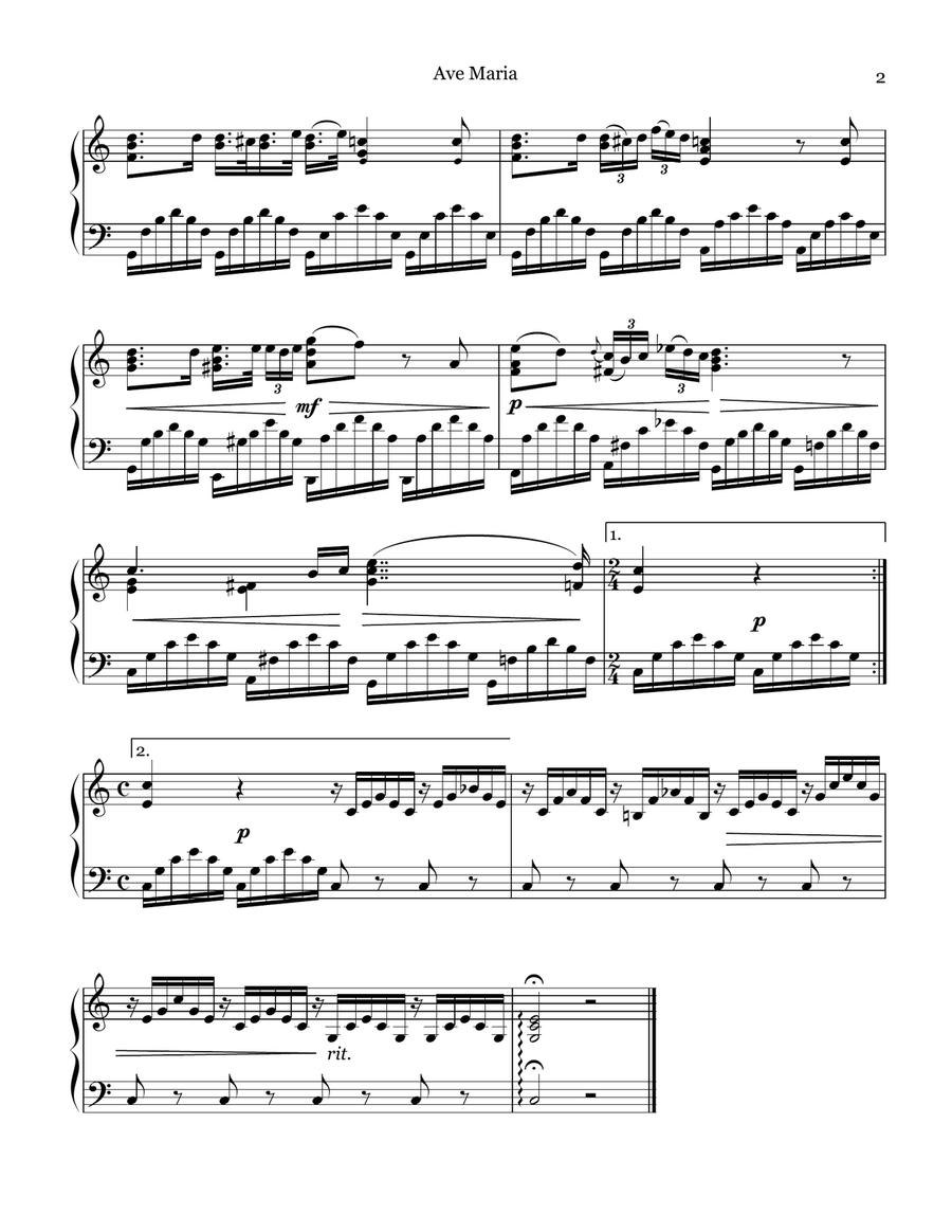 Ave Maria (Schubert) for piano solo (C major), with voice and lyrics part Piano Solo scores gallery preview page 2