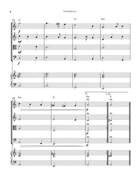 greensleeves for string quartet with chords symbols and piano sheet music image number null