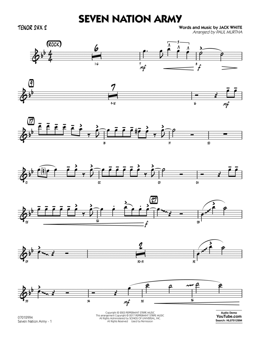 Seven Nation Army - Tenor Sax 2 Tenor Saxophone scores gallery preview page 1