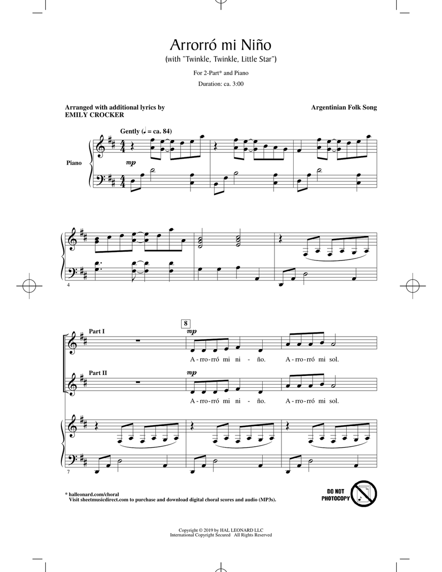 Arrorró Mi Niño (Lullaby, My Baby) (with Twinkle, Twinkle, Little Star) (arr. Emily Crocker) 2-Part scores gallery preview page 1