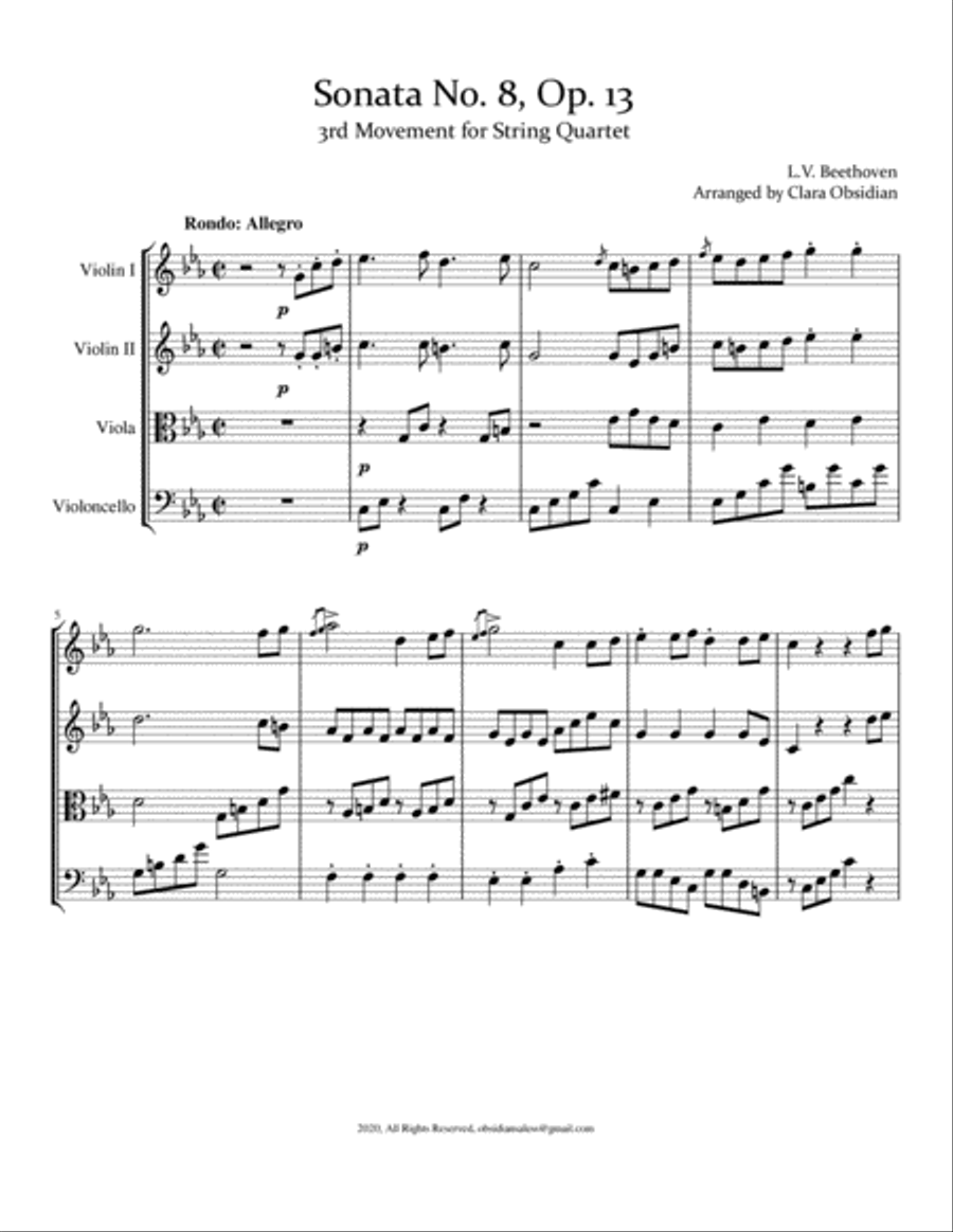 Beethoven: 'Pathetique' Sonata no.8, Rondo Allegro, for String Quartet String Quartet scores gallery preview page 3