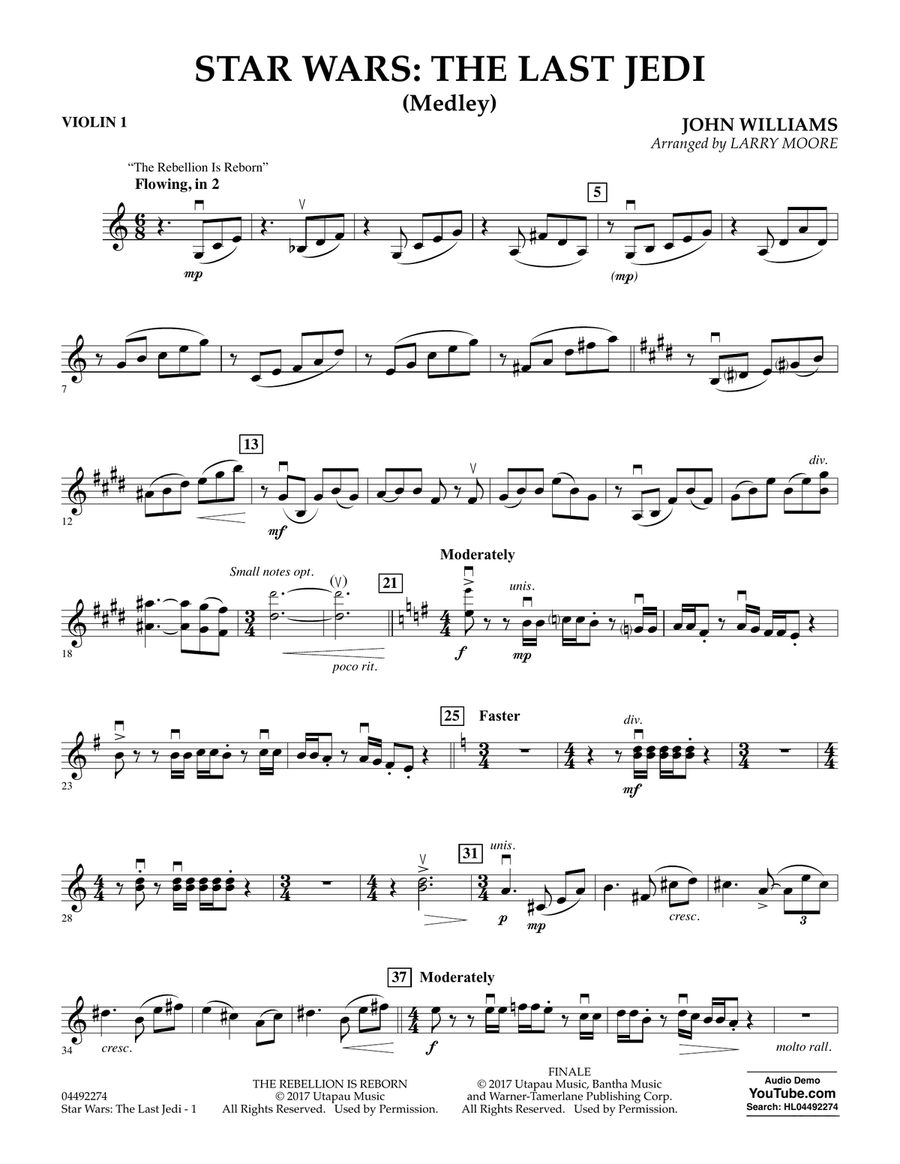 Star Wars: The Last Jedi (Medley) (Arr. Larry Moore) - Violin 1 Orchestra scores gallery preview page 1