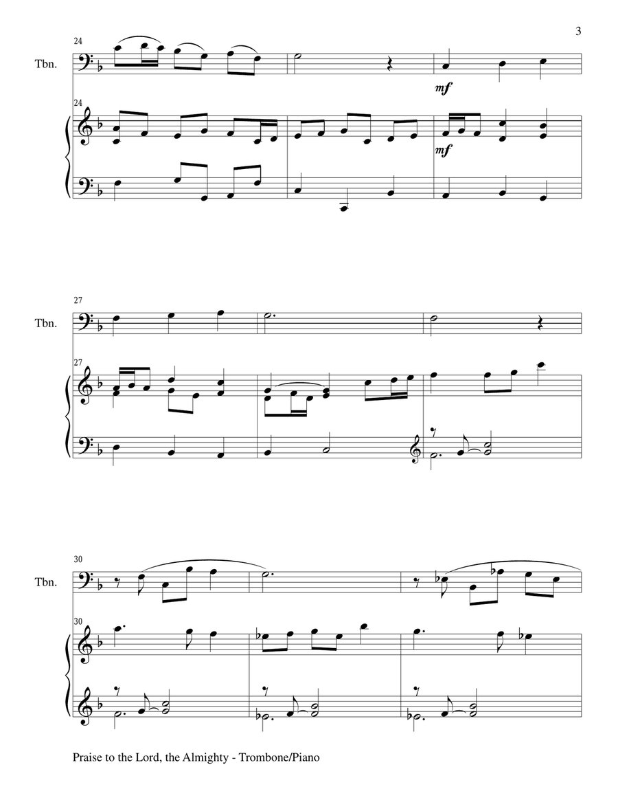 PRAISE TO THE LORD, THE ALMIGHTY (Duet – Trombone and Piano/Score and Parts) Trombone Duet scores gallery preview page 3
