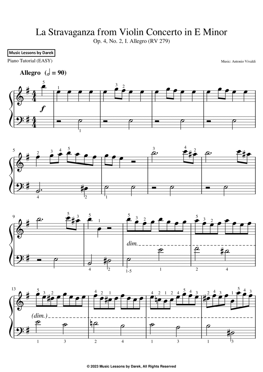 La Stravaganza from Violin Concerto in E Minor (EASY PIANO) Op. 4, No. 2, I. Allegro (RV 279) Violin Solo scores gallery preview page 1