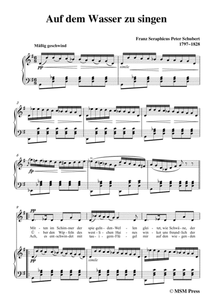 Schubert-Auf dem Wasser zu singen in G Major, for Voice and Piano image number null