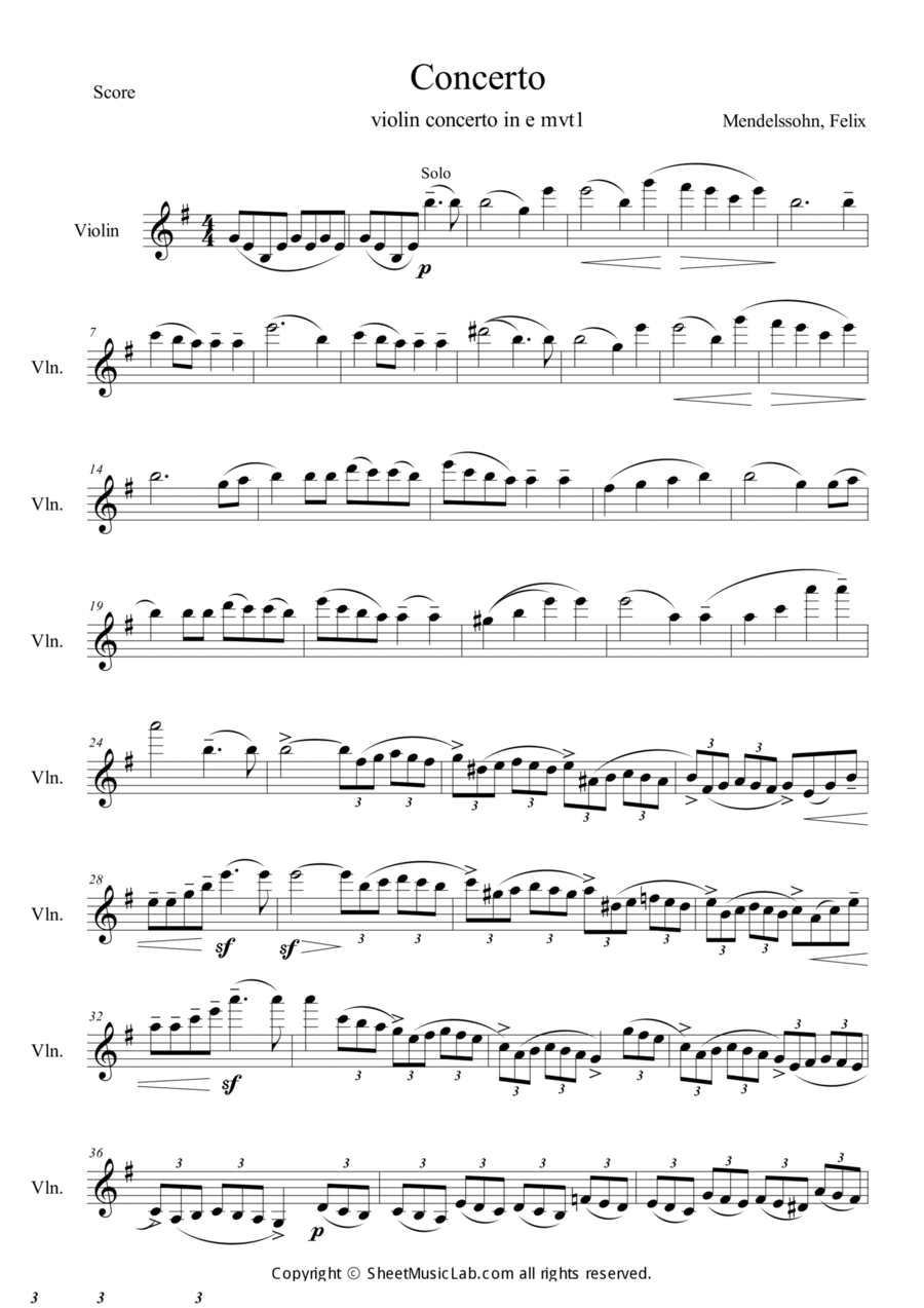 Mendelssohn : Violin Concerto in E minor Violin Solo scores gallery preview page 1