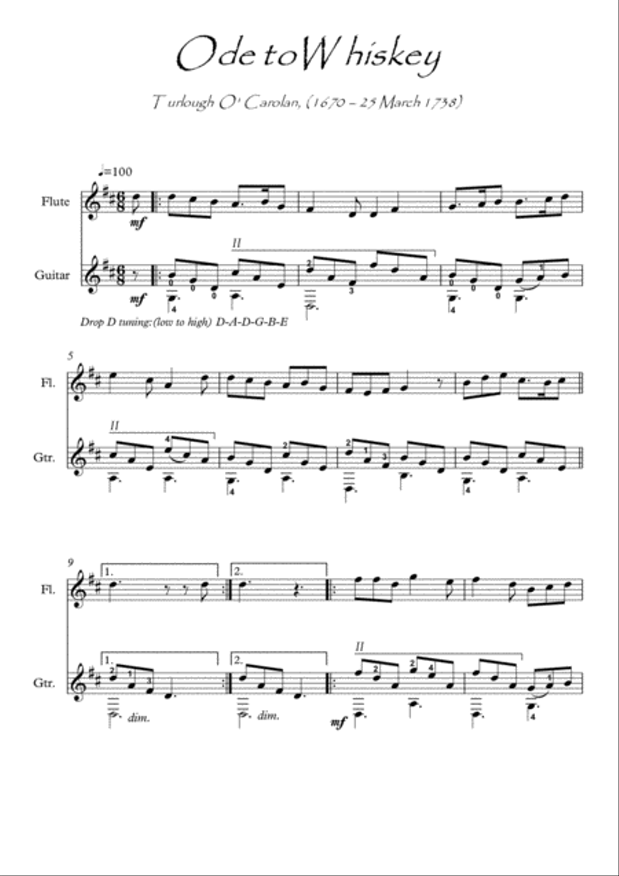 Ode to Whiskey by Turlough O Carolan Flute guitar duet Flute scores gallery preview page 1