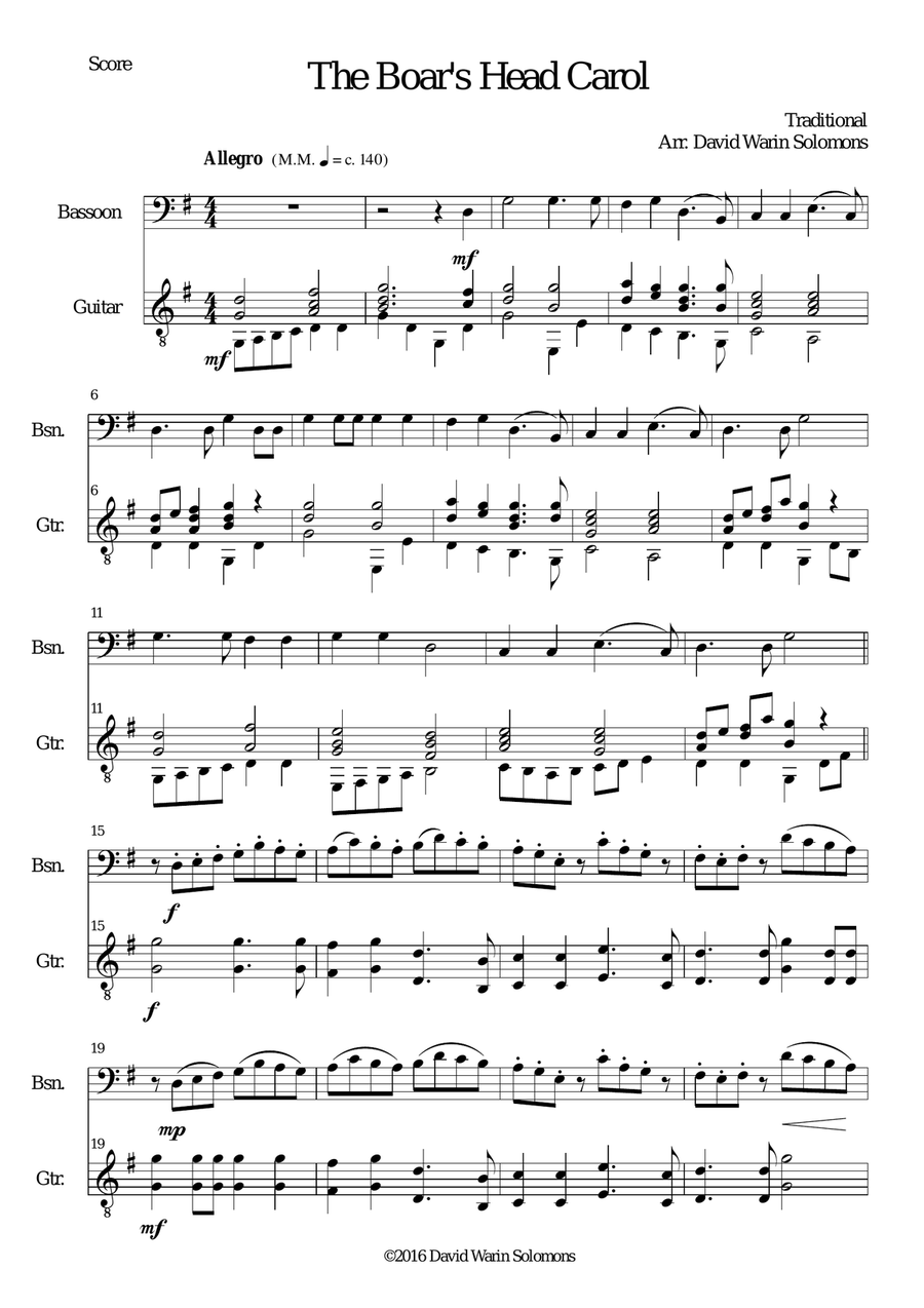 The Boar's Head Carol for bassoon and guitar Bassoon scores gallery preview page 1