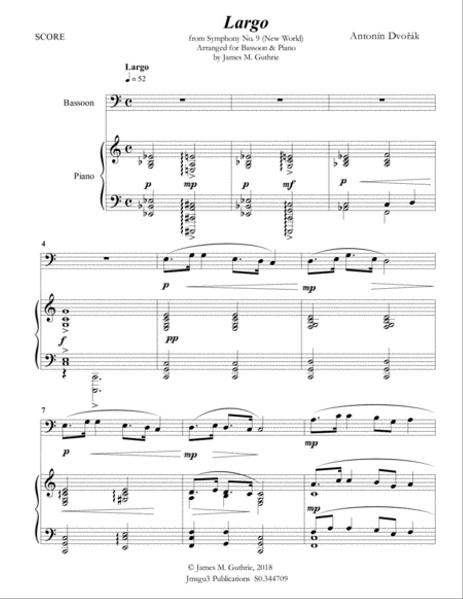 Dvořák: Largo from the New World Symphony for Bassoon & Piano Woodwind Duet scores gallery preview page 1