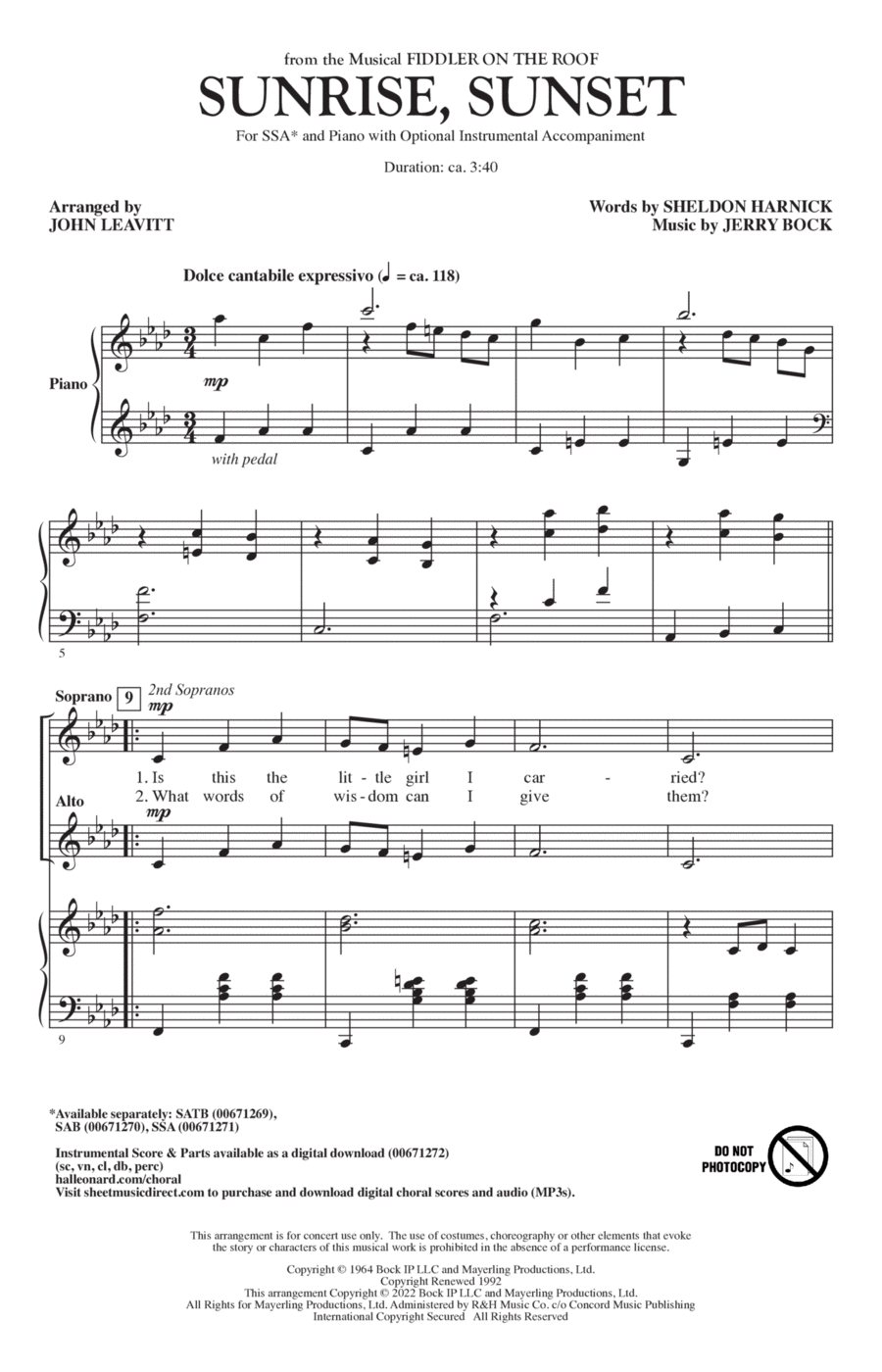 Sunrise, Sunset (from Fiddler On The Roof) (arr. John Leavitt) SSA scores gallery preview page 1